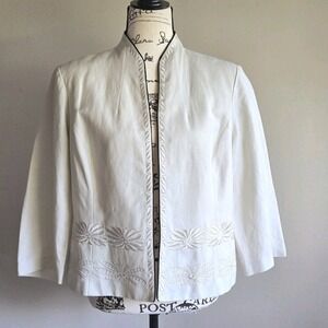 Plaza South‎ Linen Rayon Embroidered Open Front Jacket Top Cardigan Size 14 Vtg